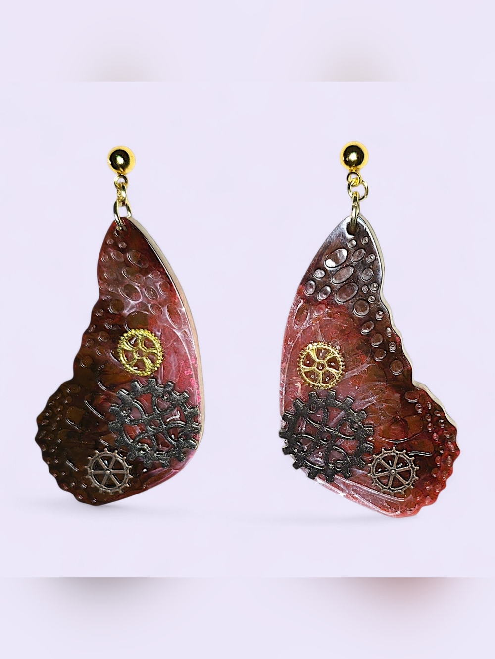 Steampunk Textured Resin Butterfly Wing & Mixed-Metal Gear Drop Earrings - Picture 4 of 4